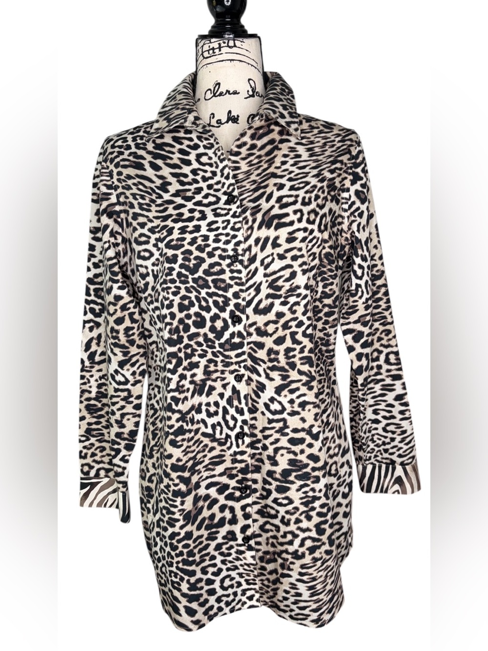 Chico's Leopard-Print Button Down Top in Black and Cream - 0 or Size 6